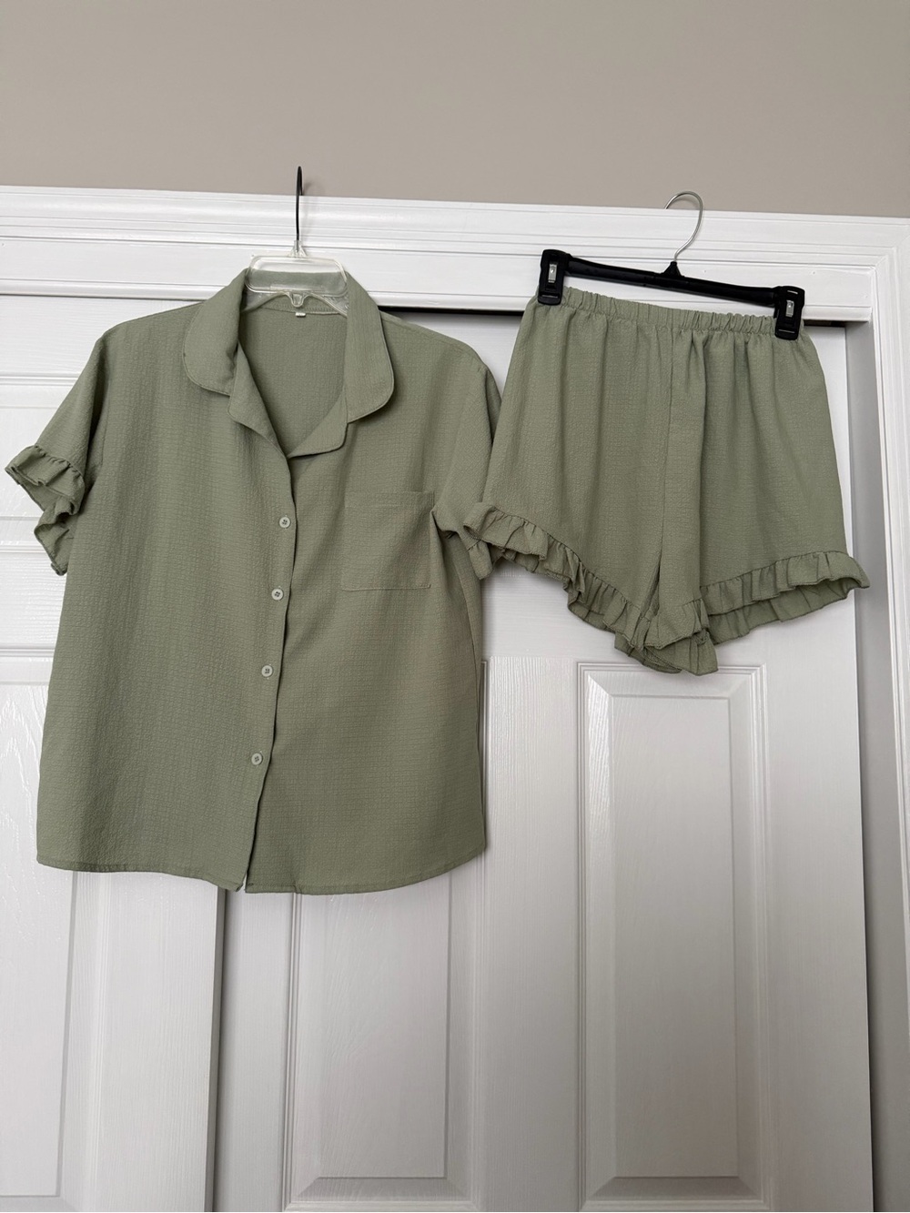 SHEIN Light Sage Green Ruffled Short Pajama Set